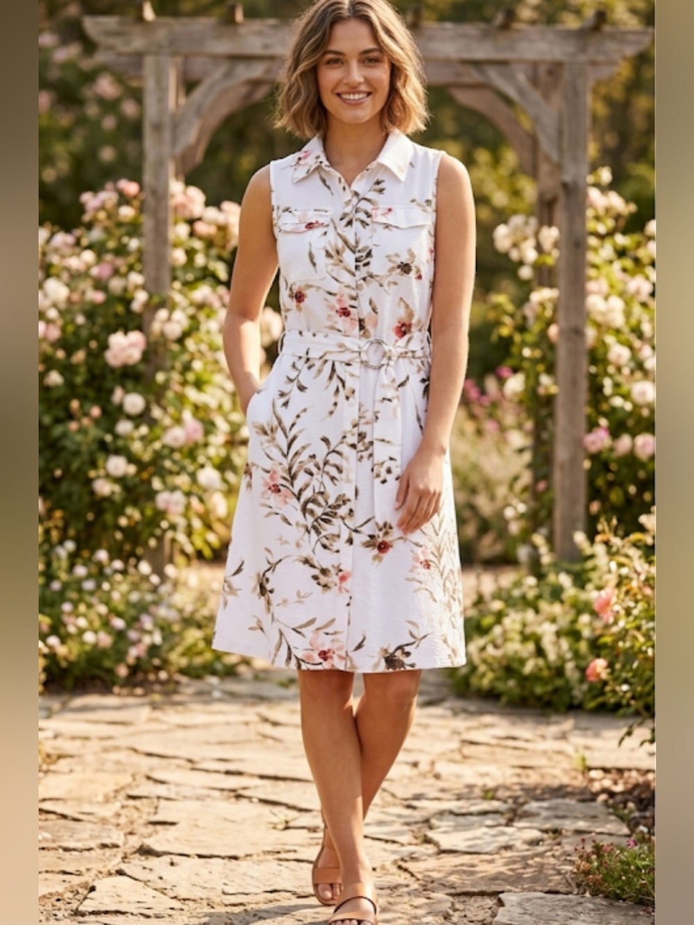 WHBM Sleeveless Floral Button-Front Belted Dress White with Blush & Olive Rayon